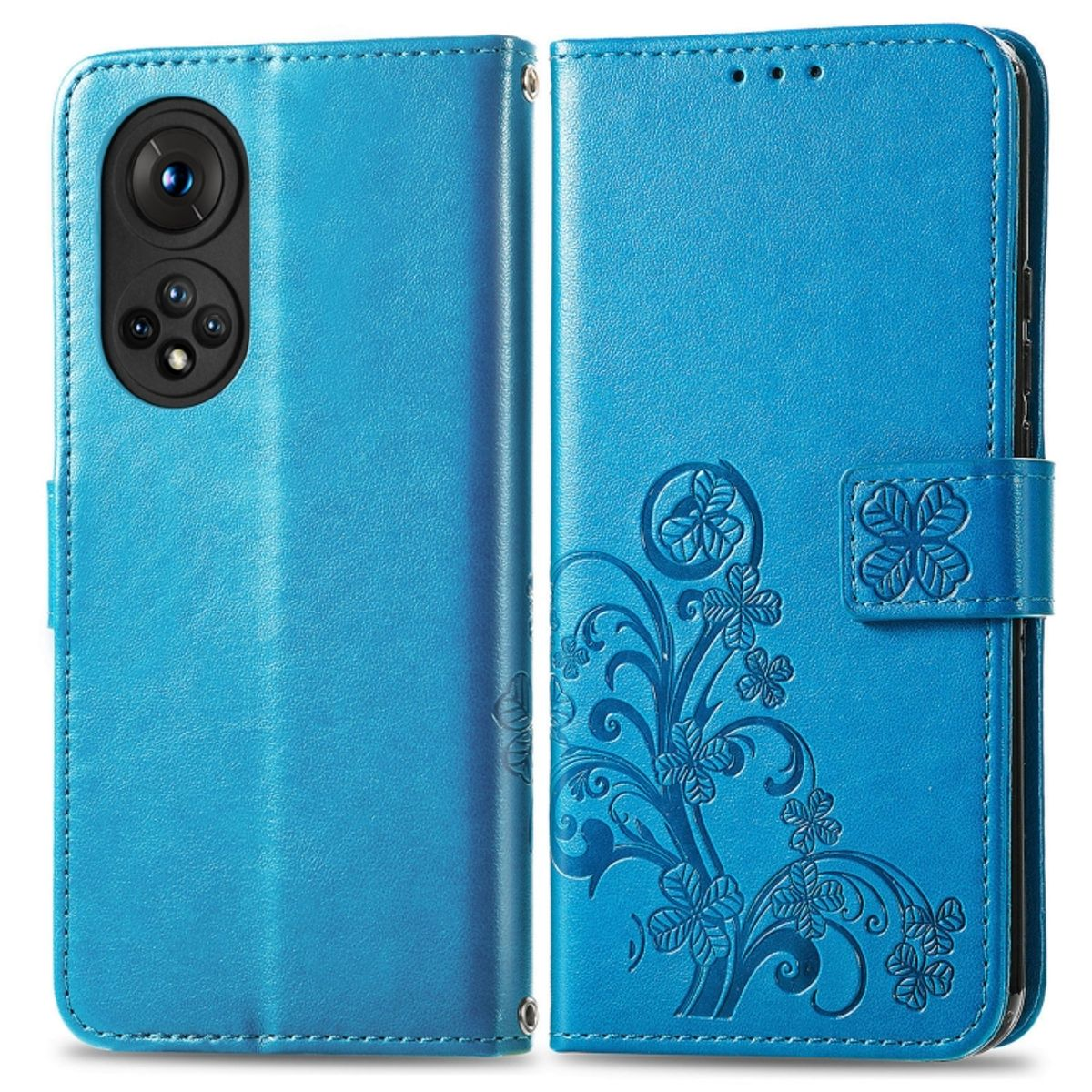 Blaue Handyhülle, offen. Blumendesign rechts, Telefon links. Weißer Hintergrund.