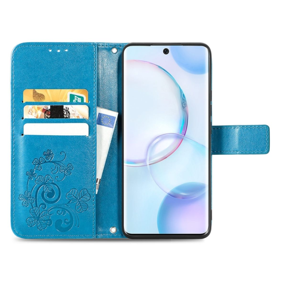 Blaue Handyhülle offen, zeigt Karten, Geld und ein Telefon.