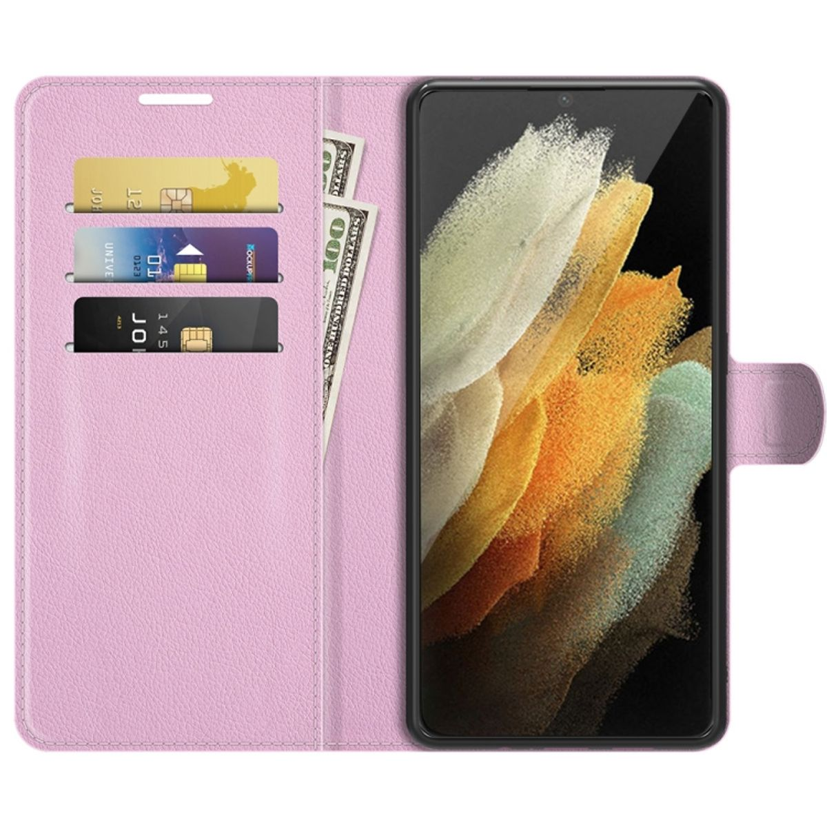 Eine rosa Handyhülle mit Kartenfächern, Geld und einem Telefon. Das Telefon hat einen bunten Bildschirm.