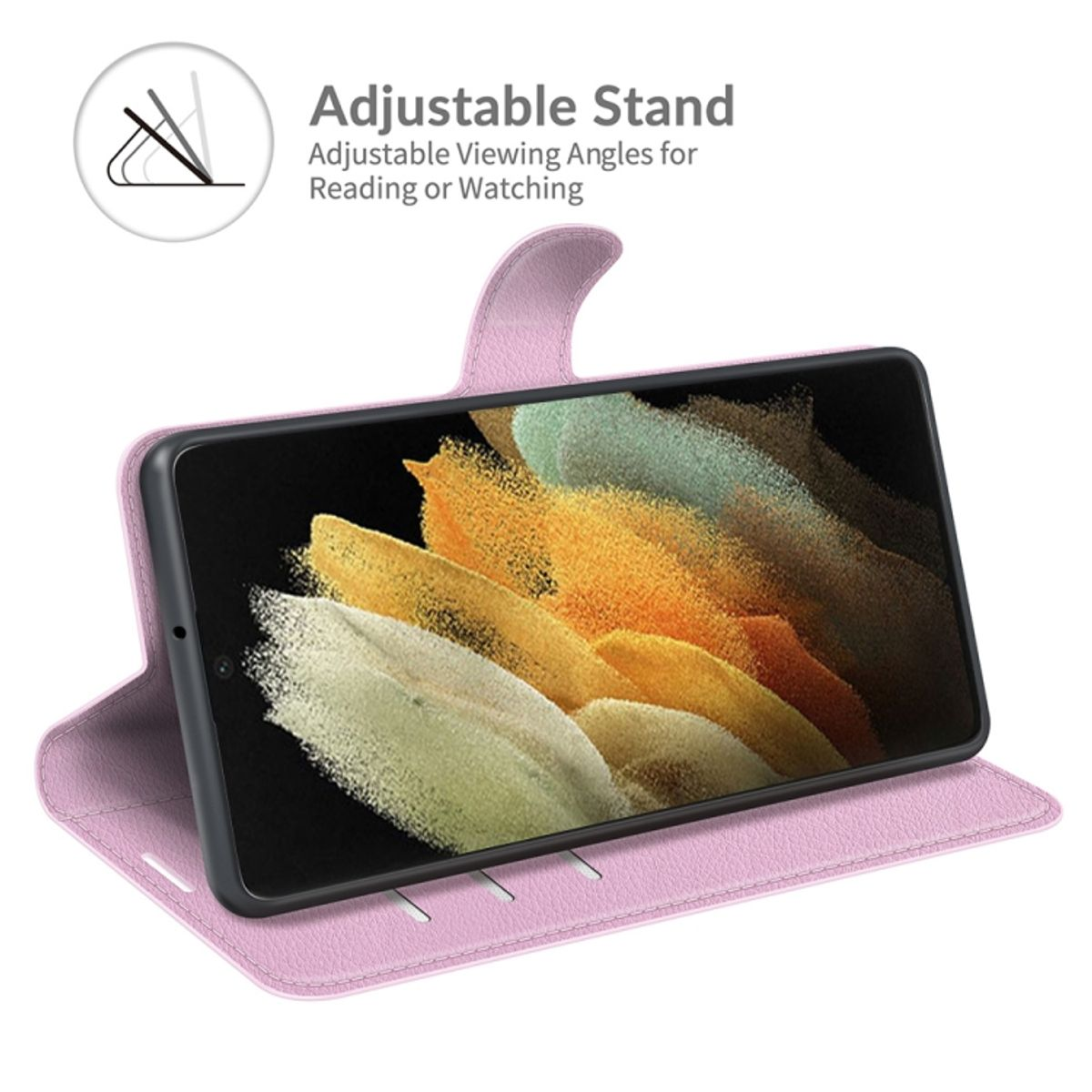 Rosa Handyhülle mit Telefon, das ein farbenfrohes Bild zeigt, verstellbarer Ständer.