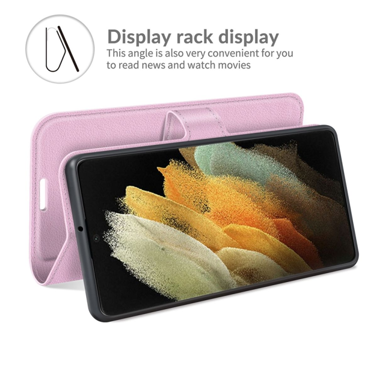 Pinkfarbene Handyhülle mit einem Telefon im Inneren. Das Telefon ist abgewinkelt, um den Bildschirm anzuzeigen.