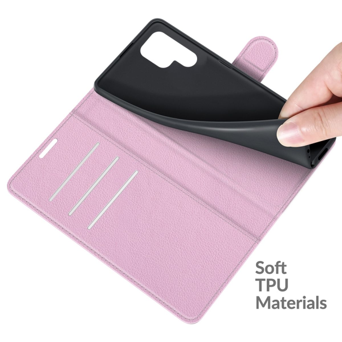 Geöffnete rosa Handyhülle mit schwarzem Innenraum. Eine Hand hält die Hülle des Telefons.