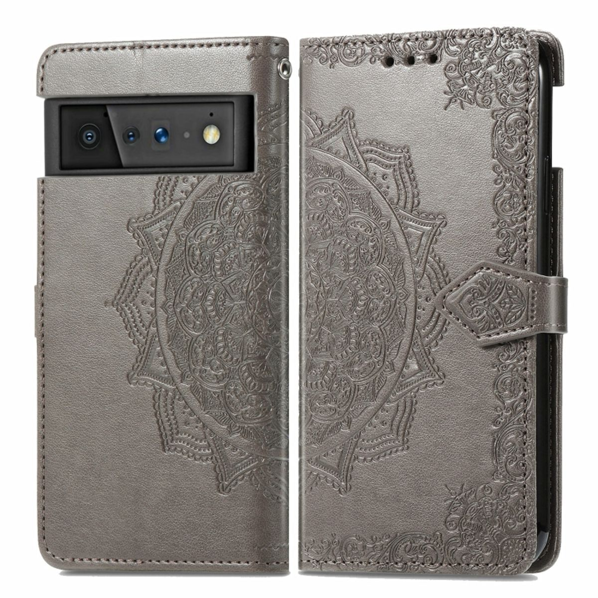 Graue Handyhülle, offen. Telefon darin. Mit Mandala verziert. Grauer Hintergrund.
