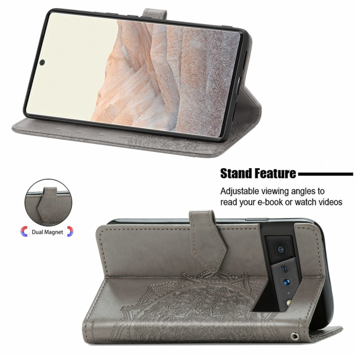 Graue Handyhülle mit Telefon. Die Handyhülle kann als Ständer verwendet werden. Das Telefon hat einen großen Bildschirm.