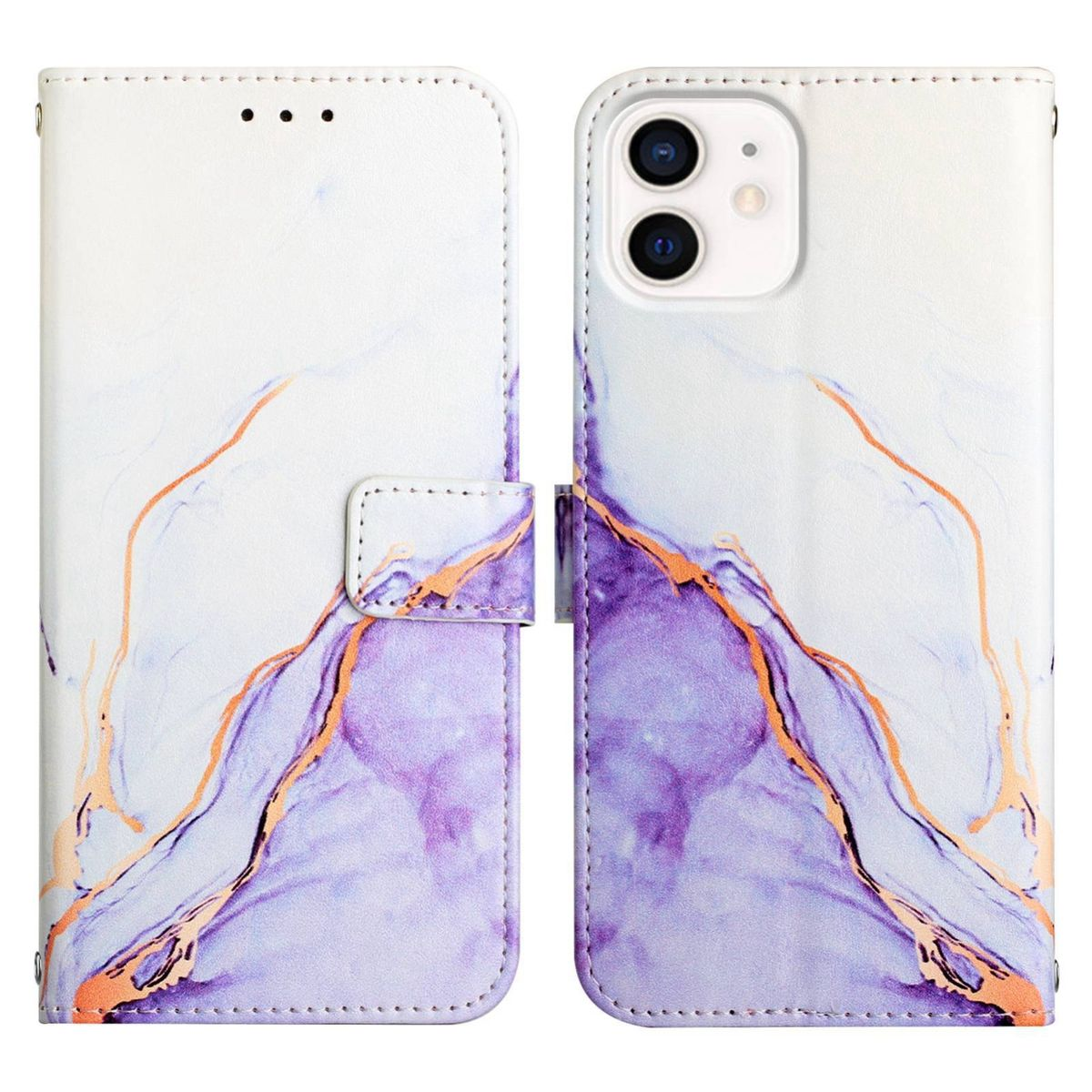 Weißes Handy-Case mit Marmor-Design. Lila, orange und goldfarbene Akzente. Weißer Hintergrund.
