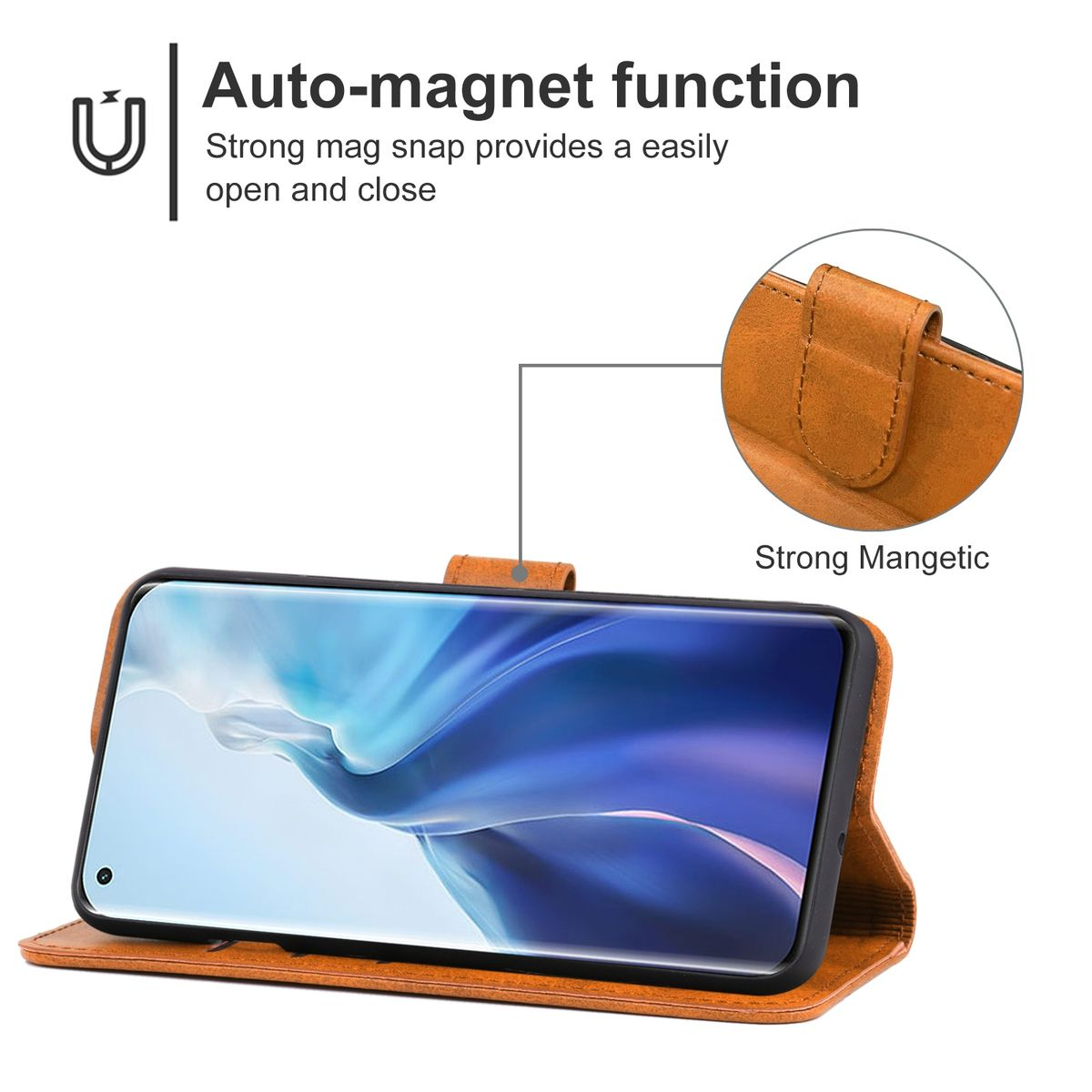 Braune Handyhülle mit Magnetfunktion. Text beschreibt die Auto-Magnet-Funktion. Bildschirm sichtbar.