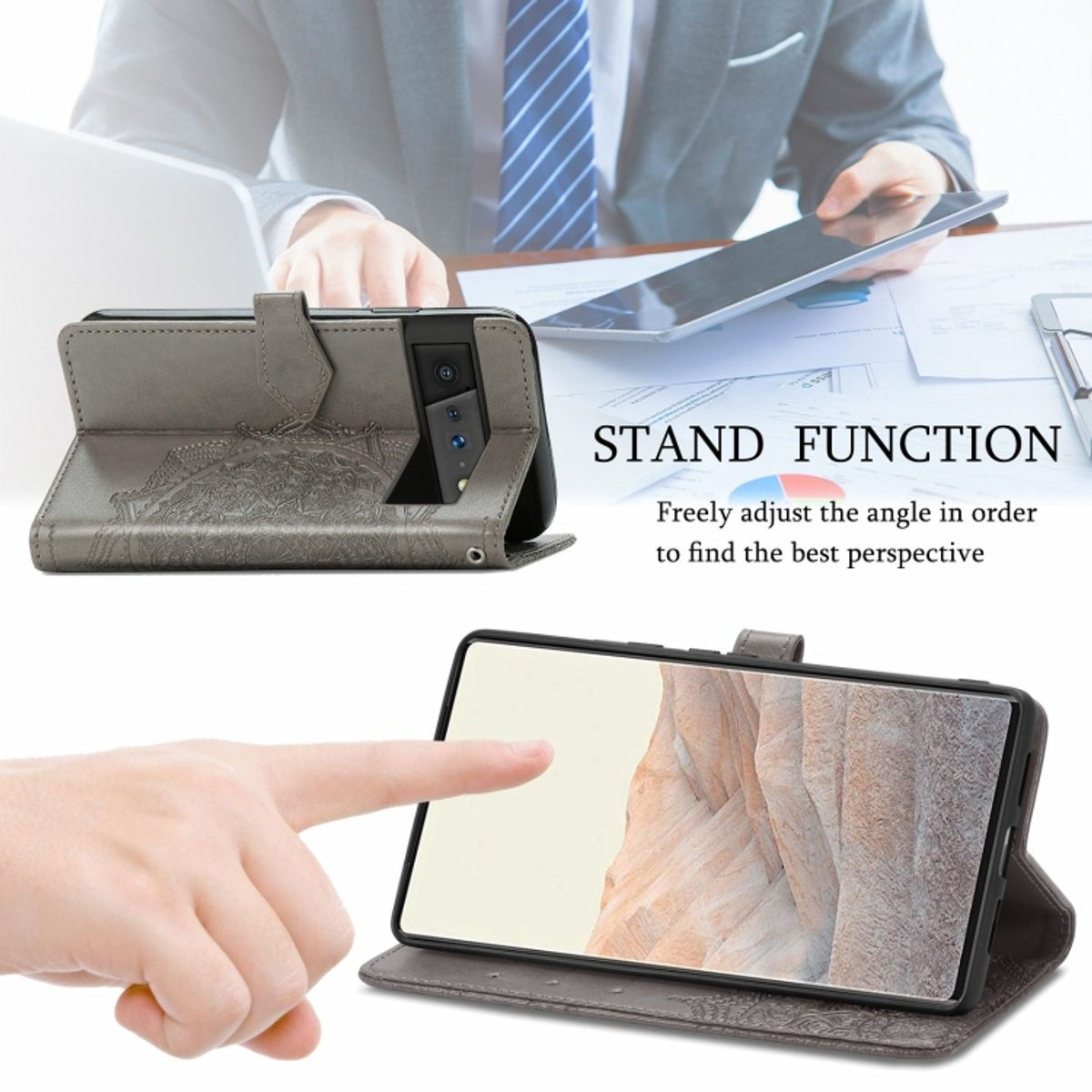Handyhülle mit Telefon in Standfunktion. Text wirbt für die Standfunktion.