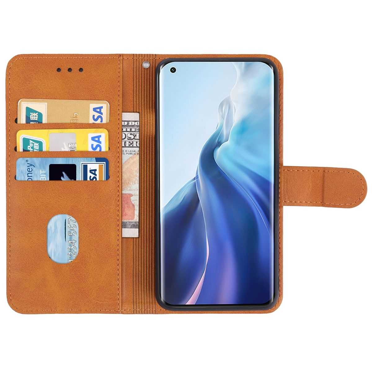 Eine braune Handyhülle, geöffnet, mit Karten und Bargeld sichtbar. Ein Telefon ist zu sehen.
