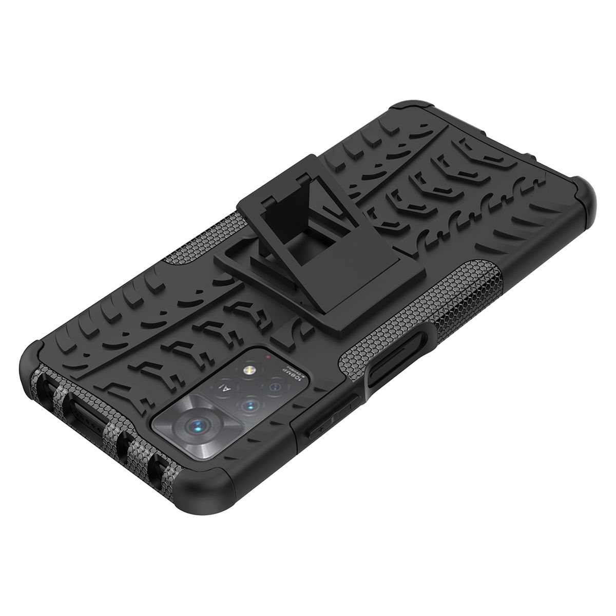 Schwarze Handyhülle mit Ständer und robustem, strukturiertem Design.