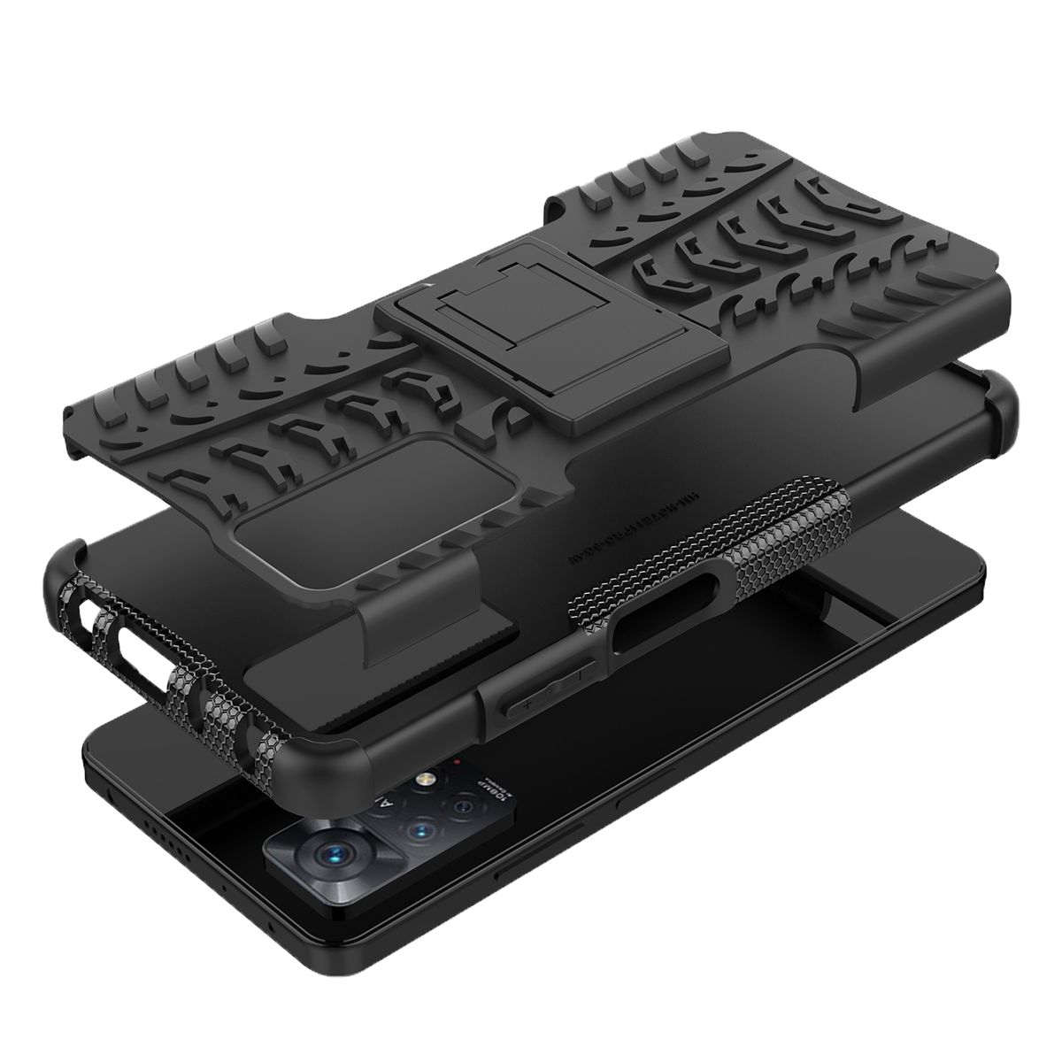 Schwarze Handyhülle in Schichten. Es hat eine Standfunktion und ein Telefon darin.