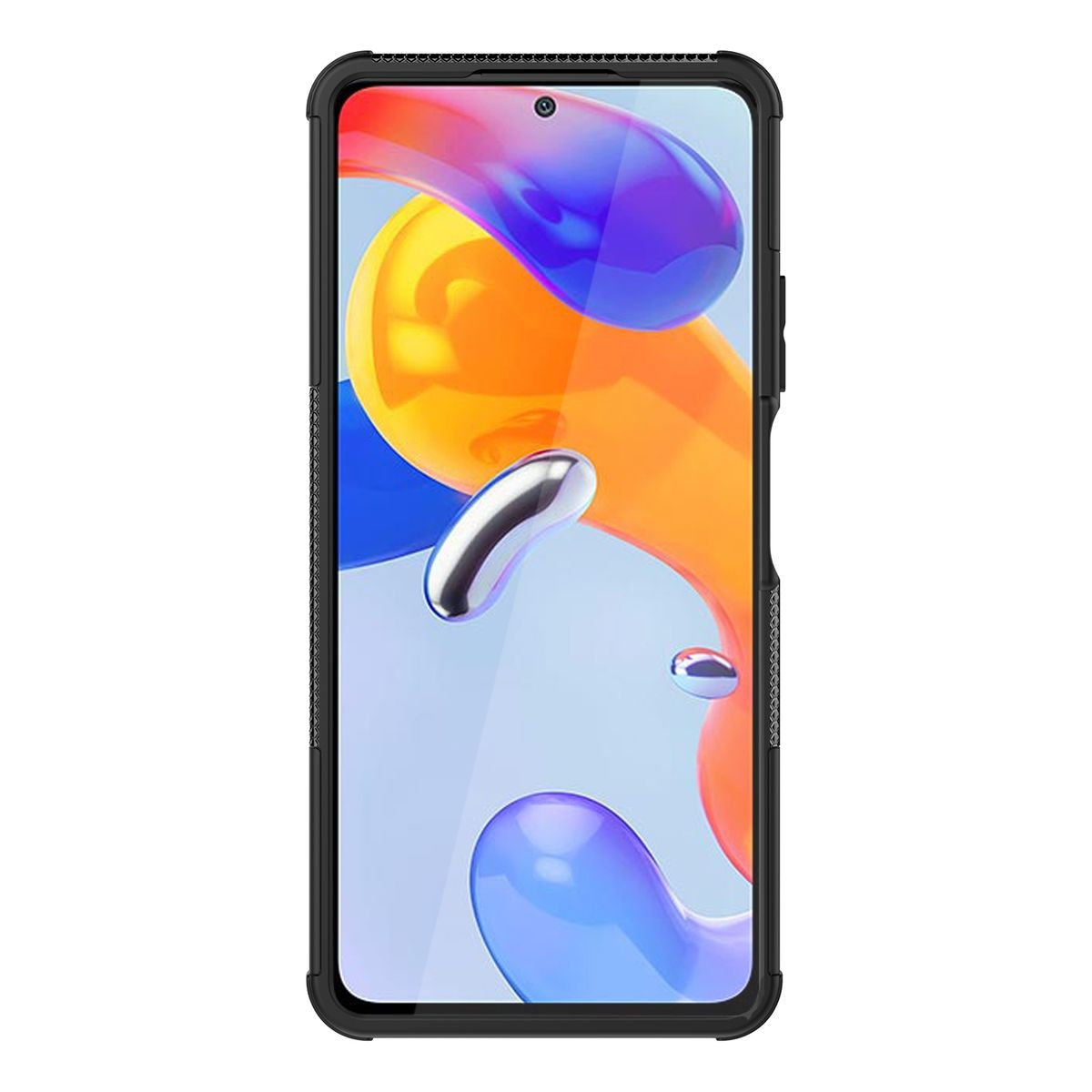 Schwarze Handyhülle mit dem Telefon im Inneren. Der Telefonbildschirm hat eine farbenfrohe Anzeige.
