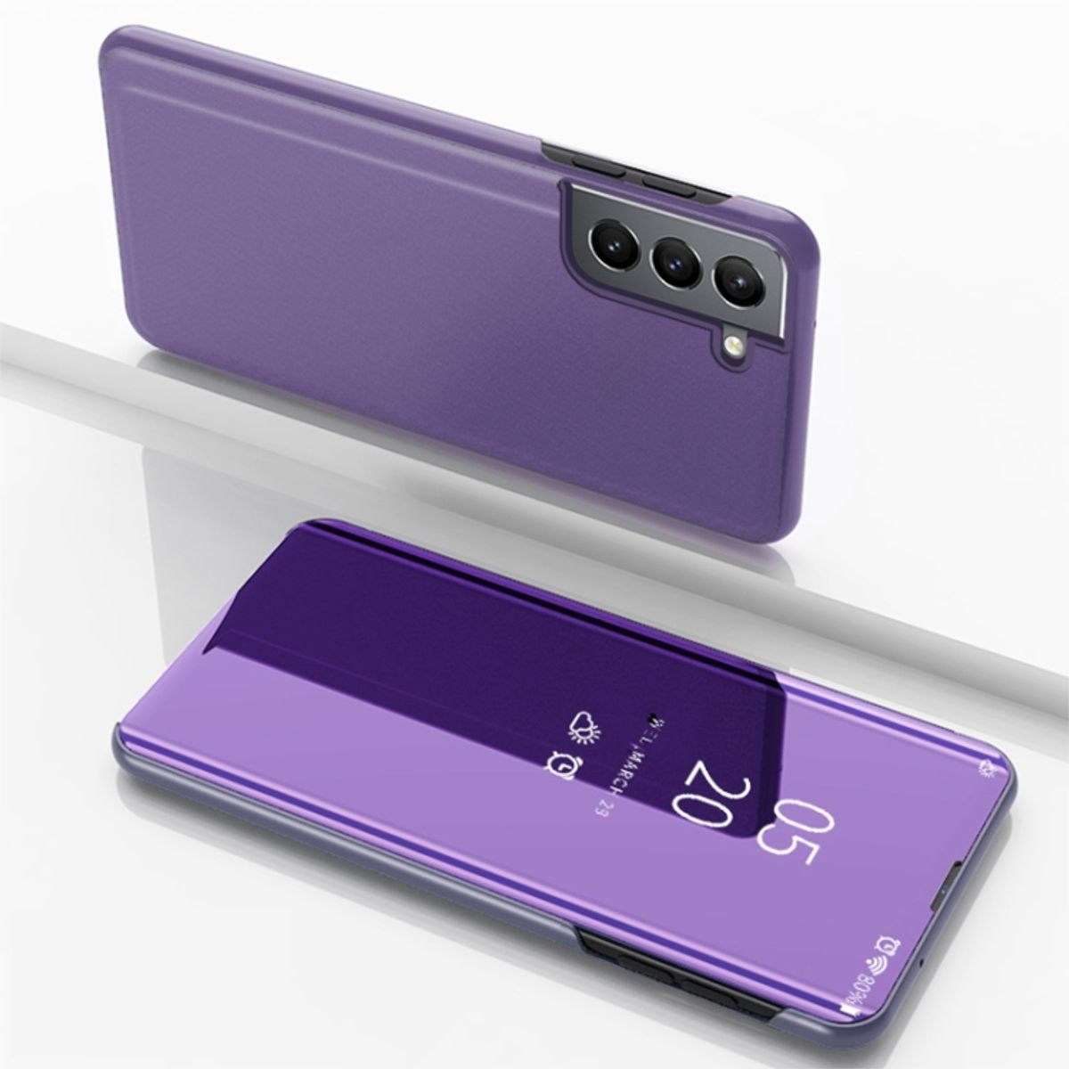 Lila Handyhülle mit verspiegelter Vorderseite. Telefon ist sichtbar. Bildschirm zeigt Zeit und Datum.