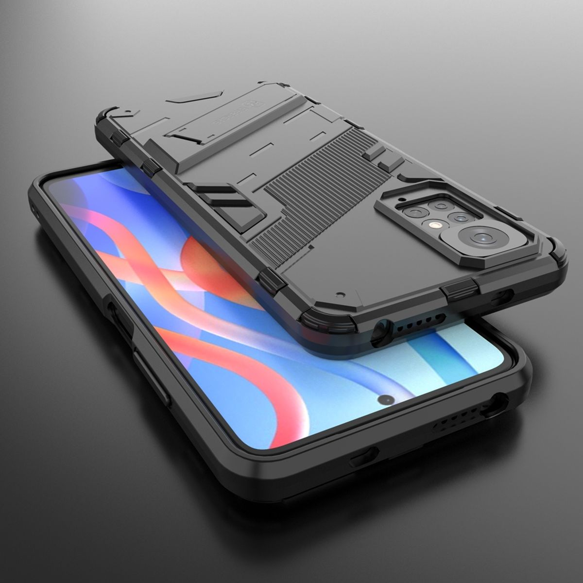Schwarze Handyhülle auf einem Telefon. Die Hülle ist teilweise geöffnet.