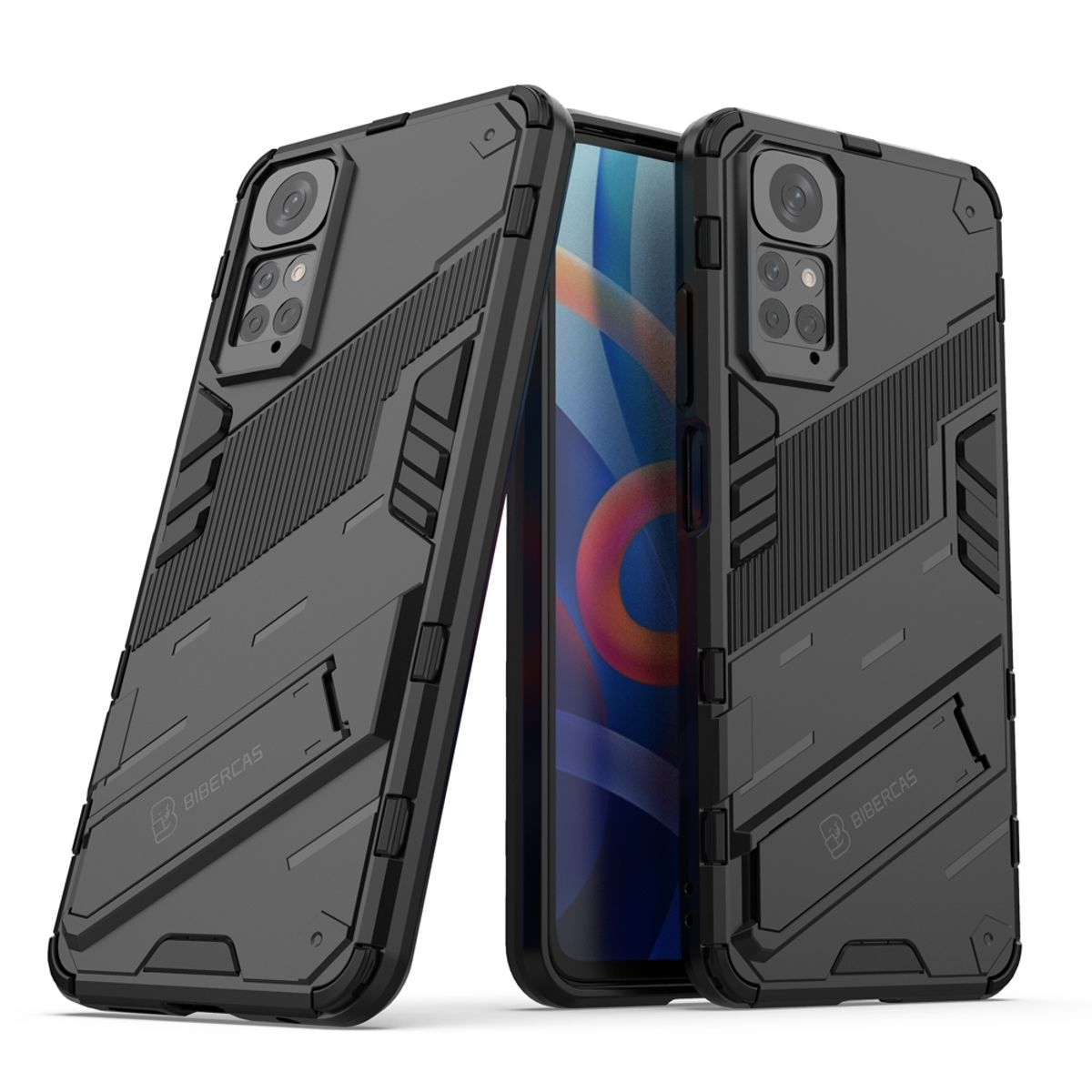 Schwarze Handyhülle mit robustem Design, zwei Telefone sind sichtbar.