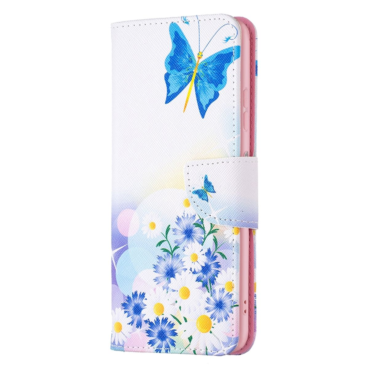 Handyhülle mit Schmetterling- und Blumendesign. Telefon im Etui. Hintergrund: weiß.