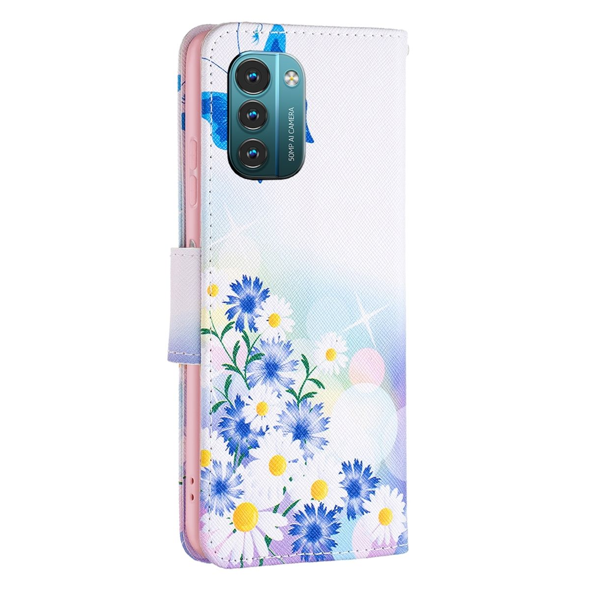 Weiße Handyhülle mit blauem Blumendesign und blauen Schmetterlingen. Telefon ist im geöffneten Gehäuse sichtbar.