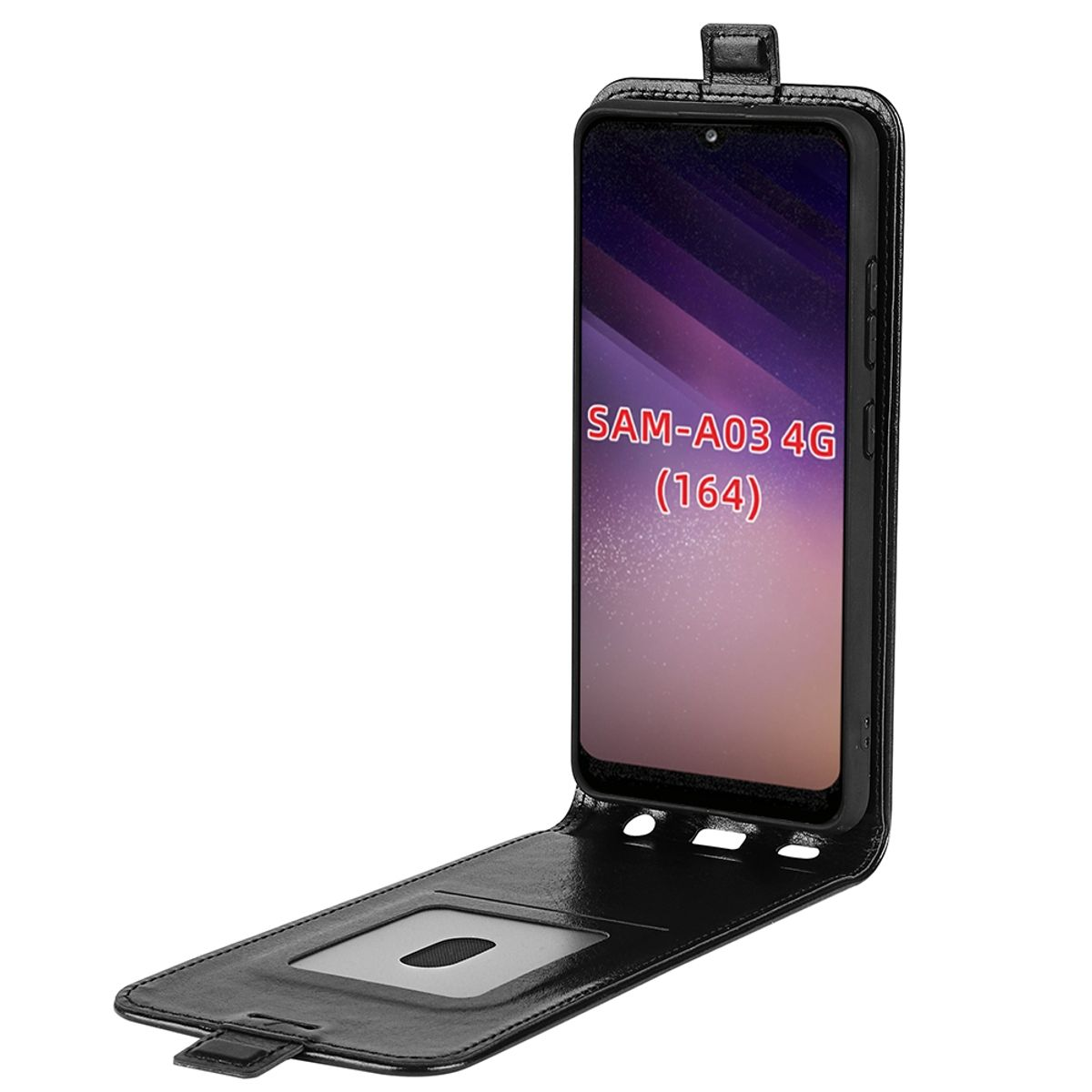 Schwarze Klapphandyhülle mit Telefon. Geöffnet, zeigt den Bildschirm mit Text.