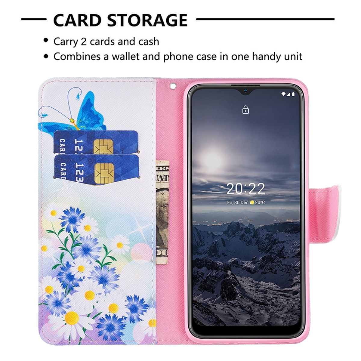 Rosa Handyhülle, offen, mit Telefon, Karten, Bargeld, Blumen und Schmetterlingsdesign.