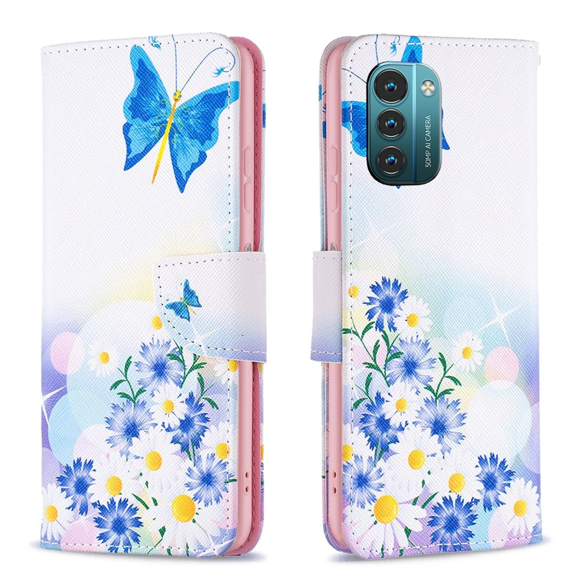 Handyhülle, weiß mit Blumen und Schmetterlingen. Schmetterlinge auf der Hülle.