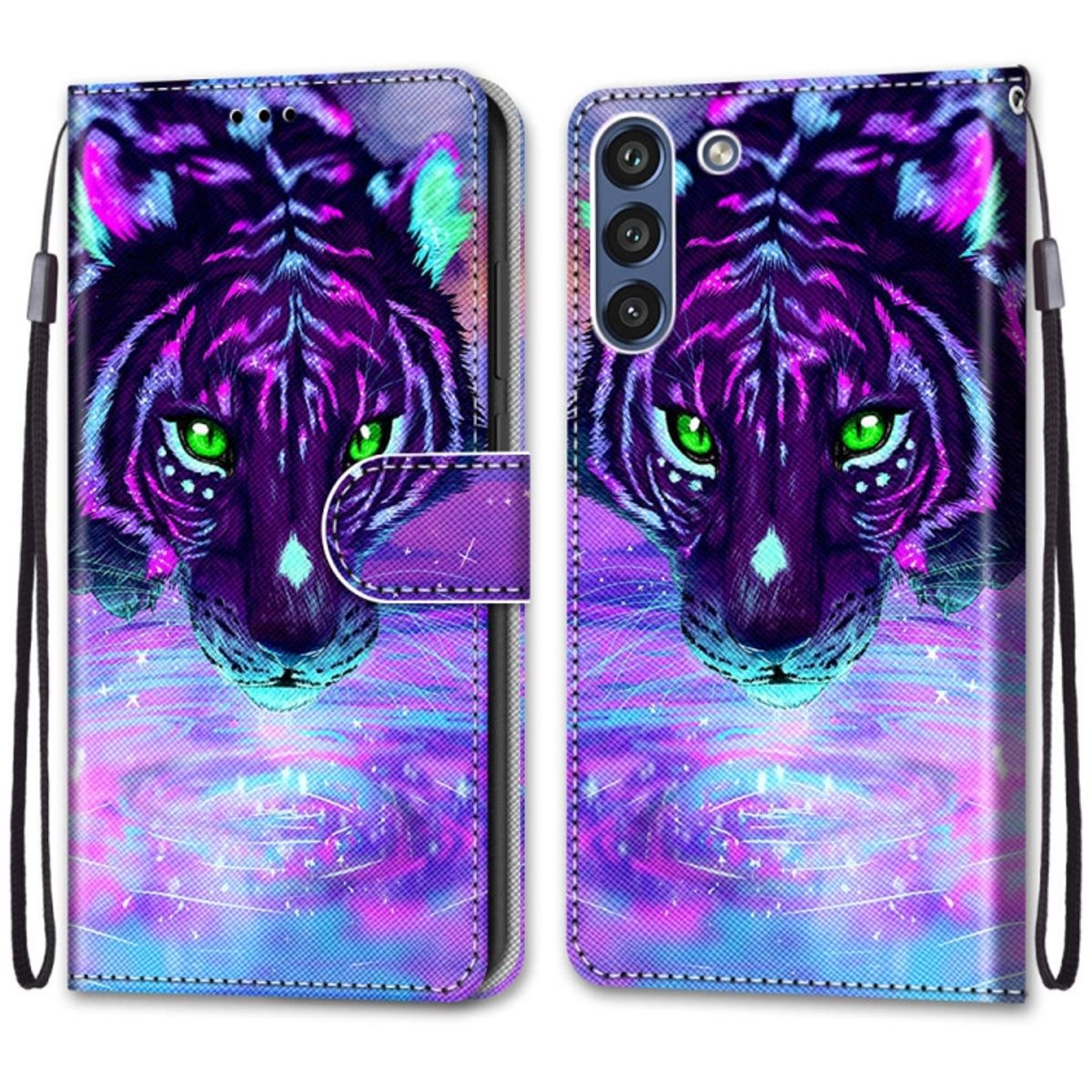 Lila Tigergesicht-Handyhülle, offen. Tigeraugen sind grün. Hintergrund ist ein farbenfrohes abstraktes Design.
