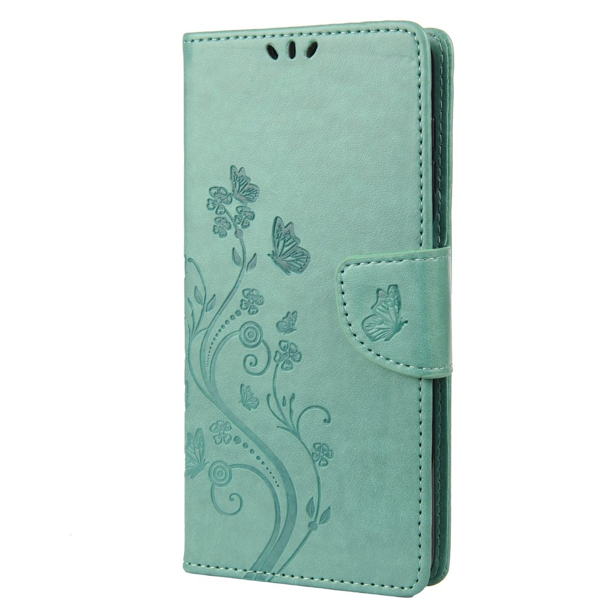 Eine türkisfarbene Handyhülle mit floralen und Schmetterlingsdetails. Weißer Hintergrund.