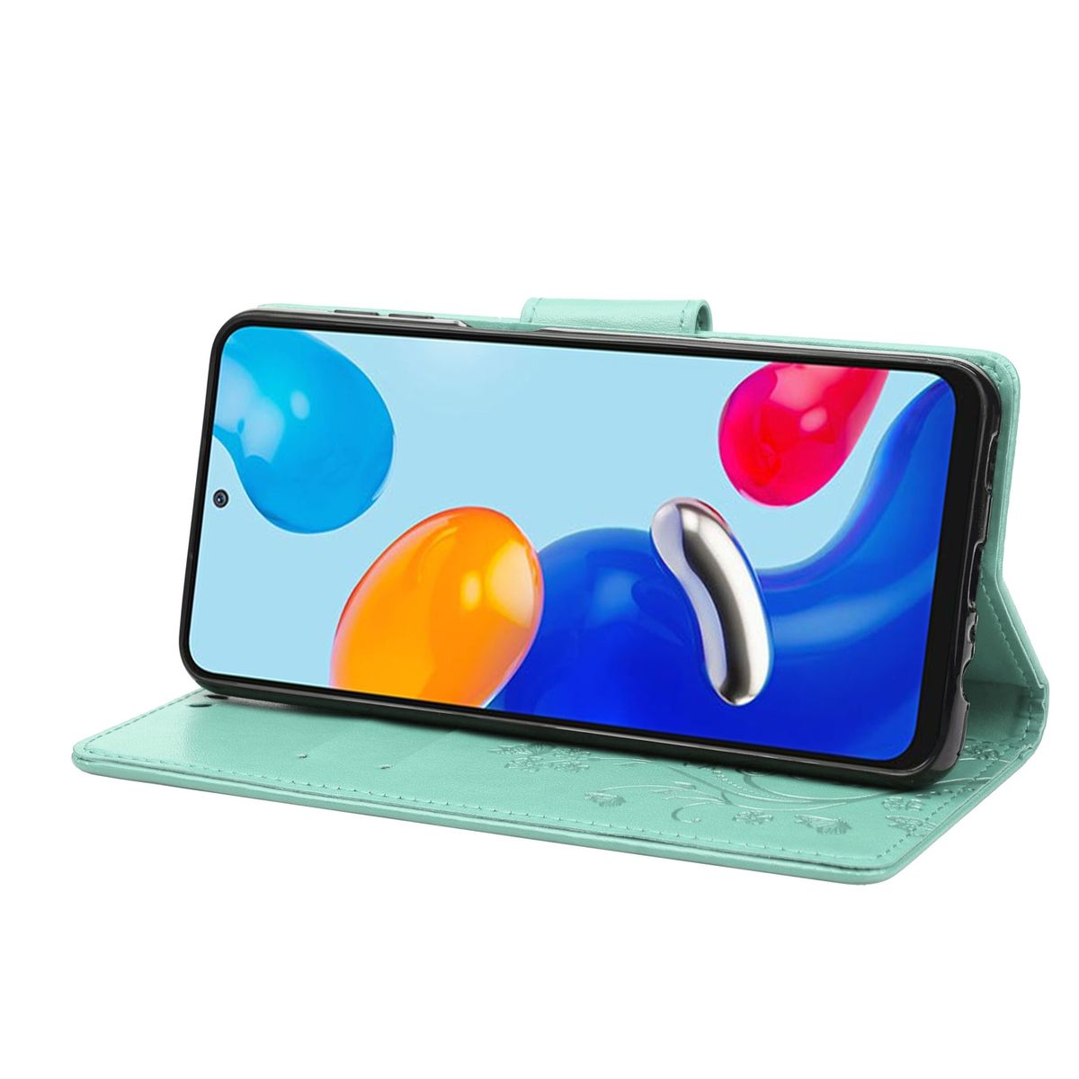 Offene Handyhülle mit Telefon darin. Buntes abstraktes Bild auf dem Bildschirm.