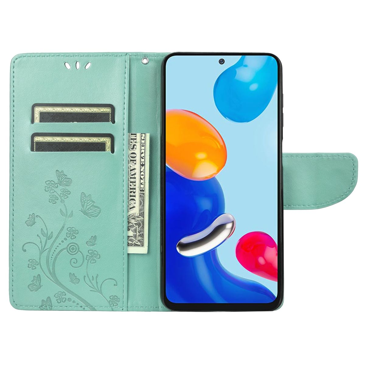 Türkis Handyhülle mit Karten und Telefon. Geöffnet, abstraktes Bild auf dem Bildschirm.