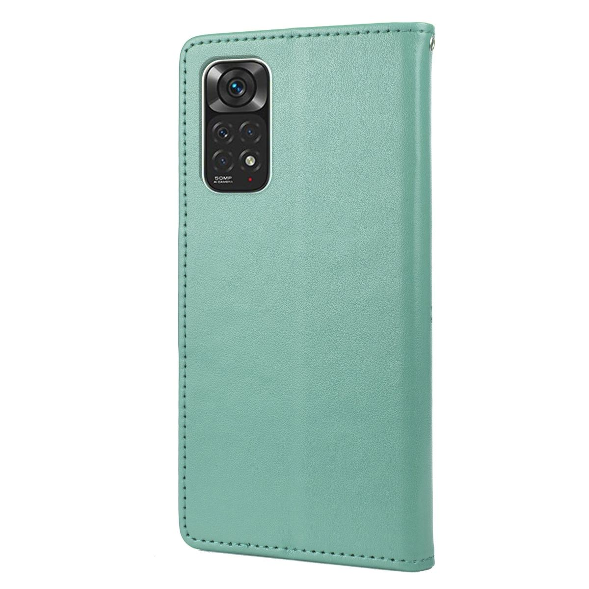 Telefonhülle, türkis. Telefonkamera und Tasten sichtbar, geschlossenes Wallet-Design.