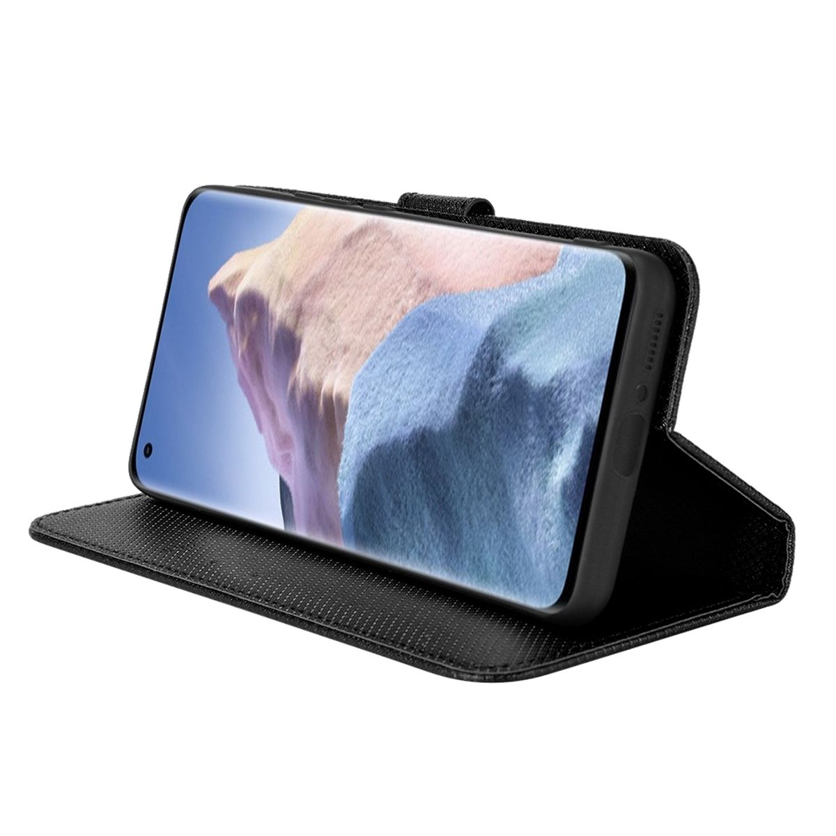 Eine schwarze Handyhülle, die ein Telefon hochhält, wobei der Bildschirm eine Landschaftsszene zeigt.