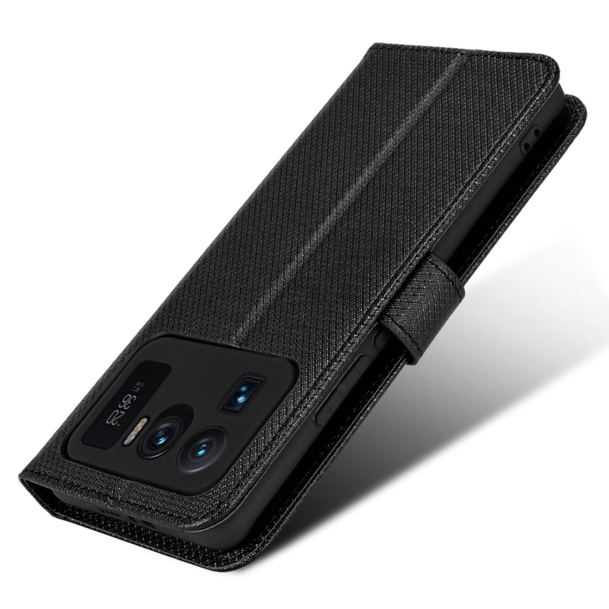 Schwarze Handyhülle, geschlossen, mit Textur. Schwarzes Telefon mit Kameradetail.