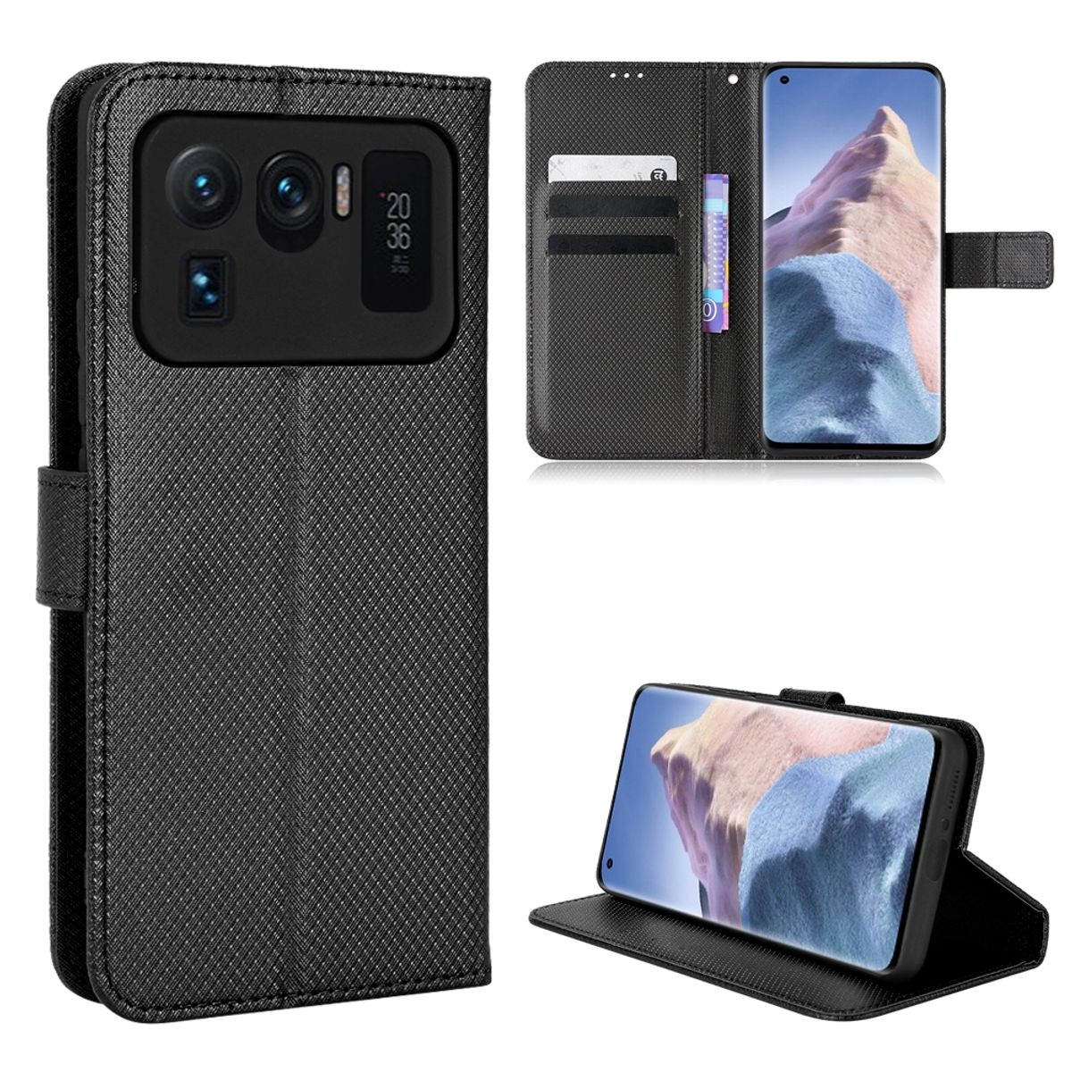 Schwarze Handyhülle mit Telefon. Hülle ist offen. Drei Ansichten der Handyhülle.