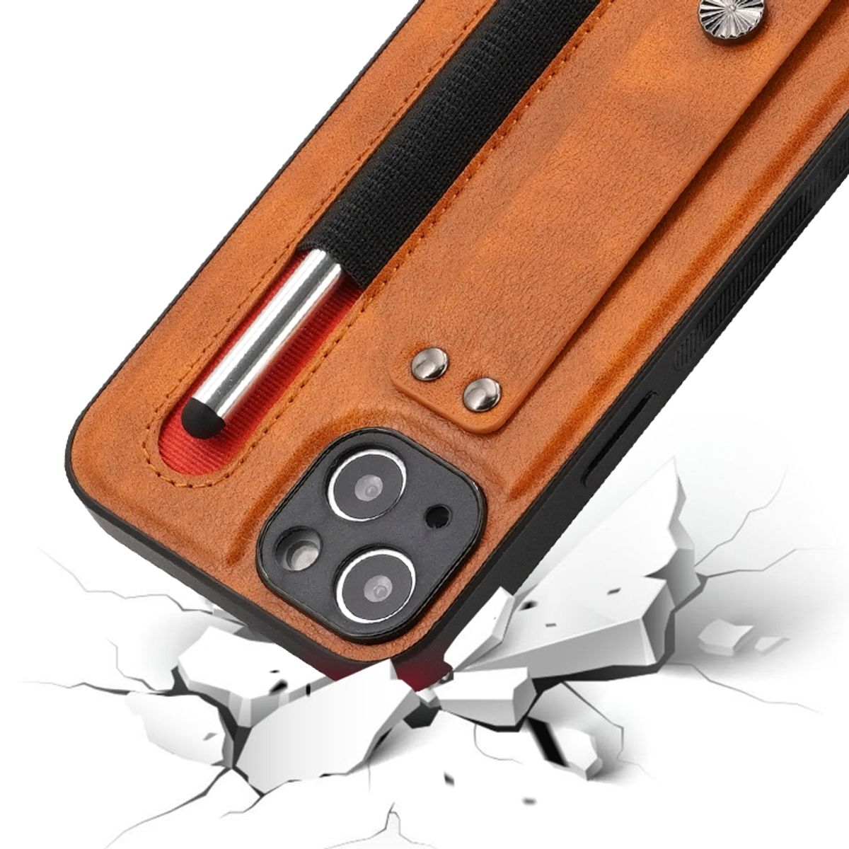 Handyhülle mit Stift und Telefon, das auf eine Oberfläche fallen gelassen wird. Weißer Hintergrund.