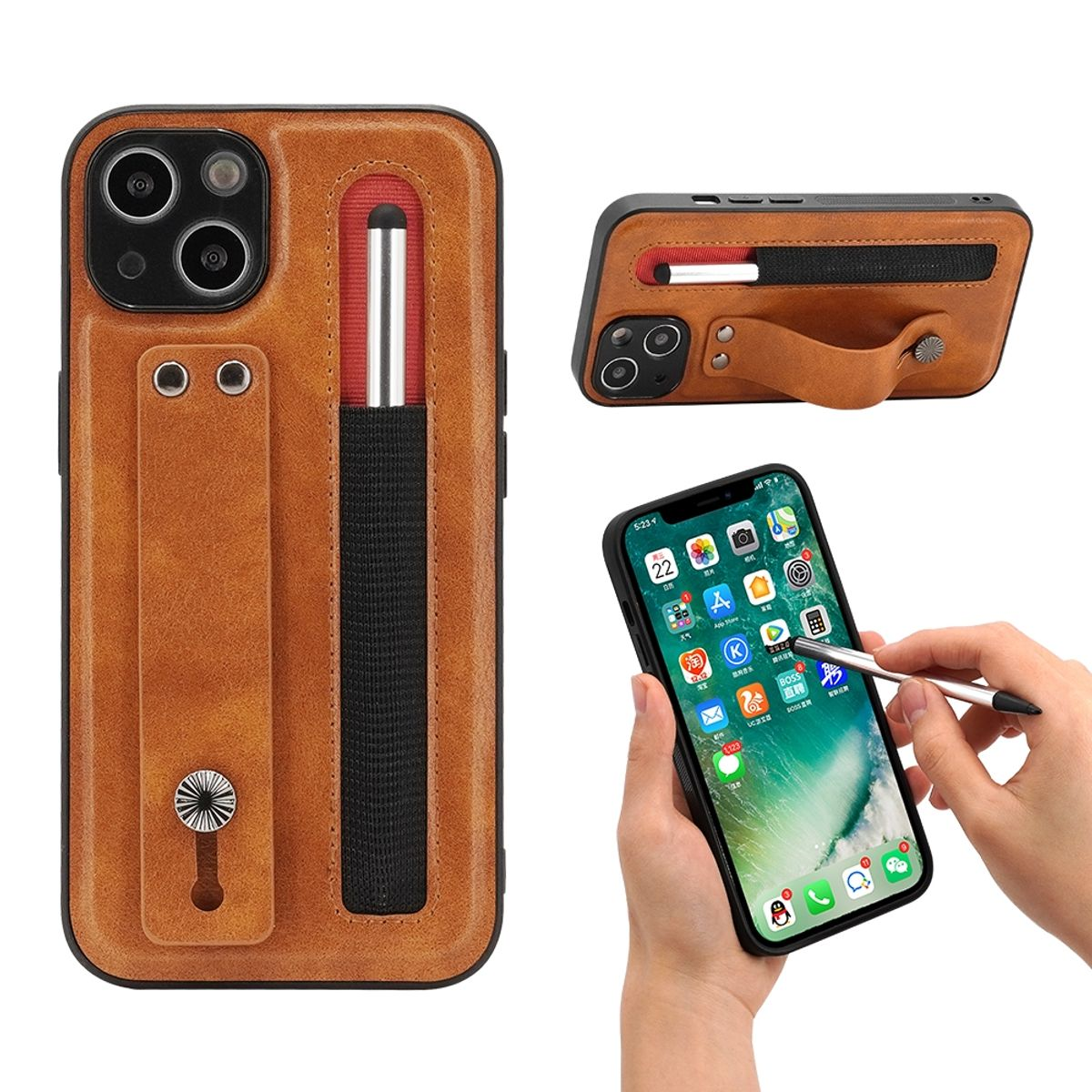 Telefon in brauner Hülle. Es gibt zwei Kameras, einen Stift und einen Stift.