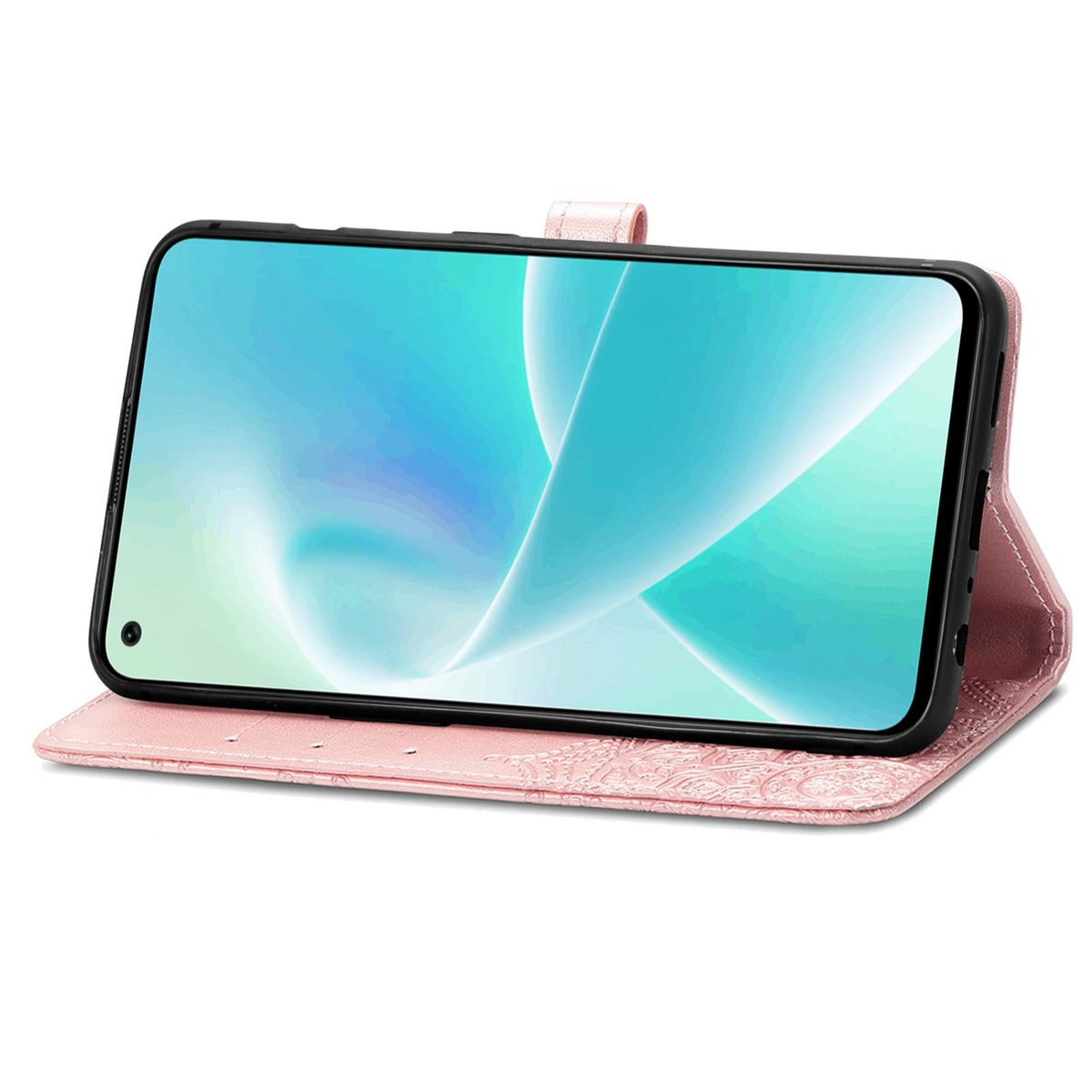 Eine rosa Handyhülle ist geöffnet und zeigt ein Telefon.