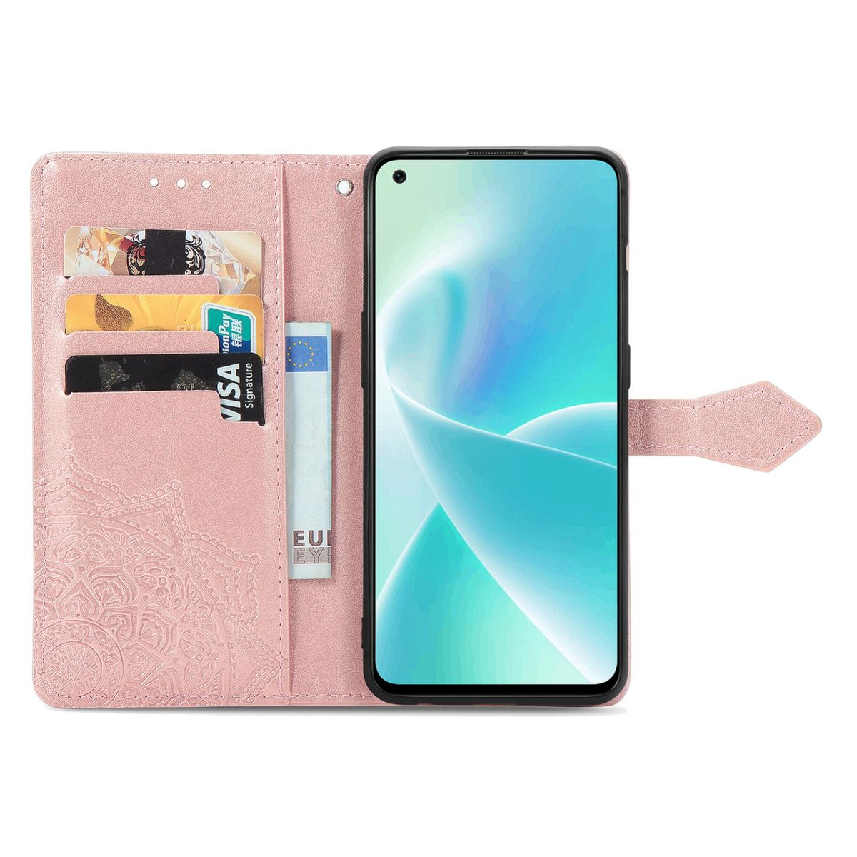 Geöffnete, rosa Handyhülle mit Smartphone, Kartenfächern und Karten. Weißer Hintergrund.