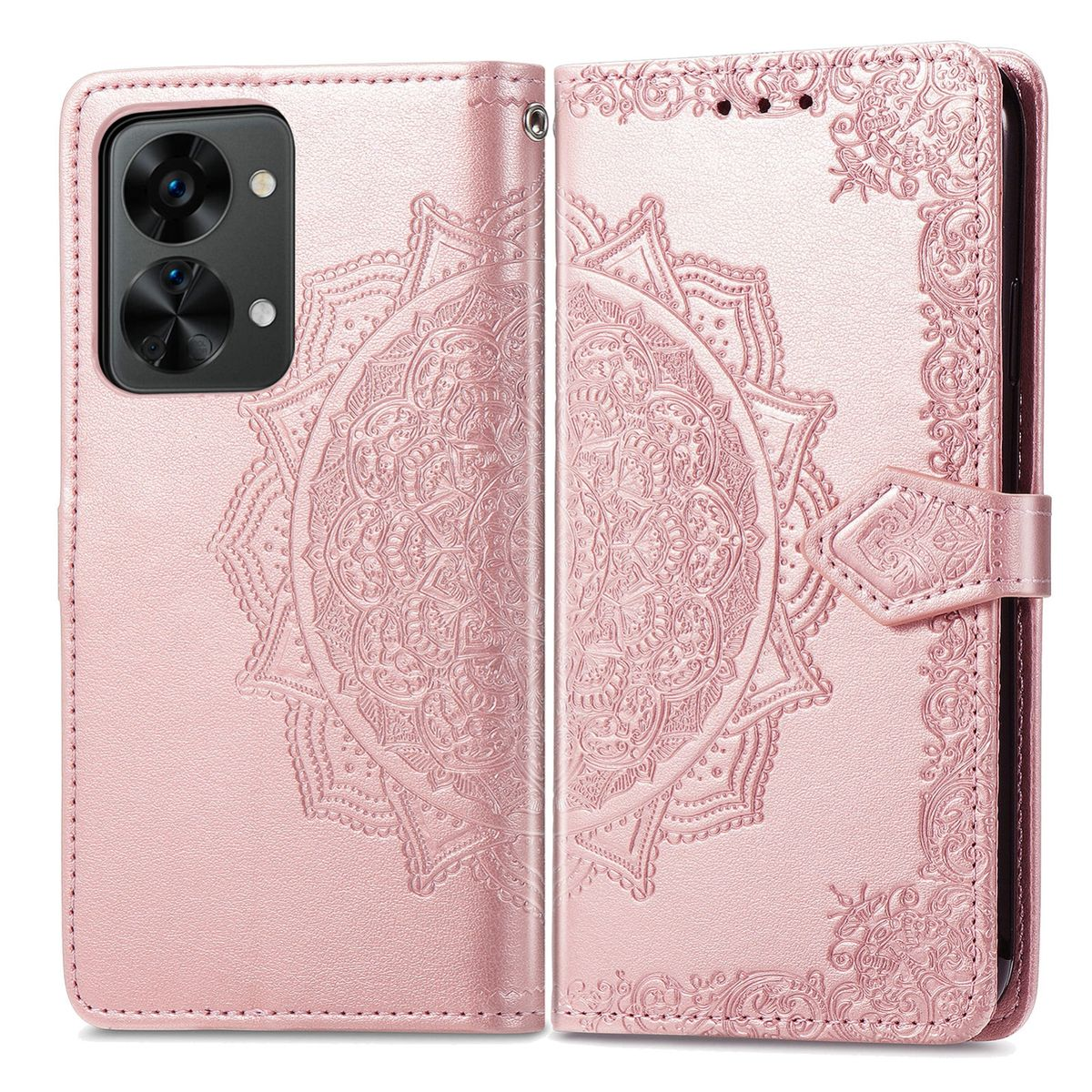 Eine rosa Handyhülle, geöffnet, mit floralem Mandala-Design. Das Telefon ist rechts, sichtbar und geöffnet.