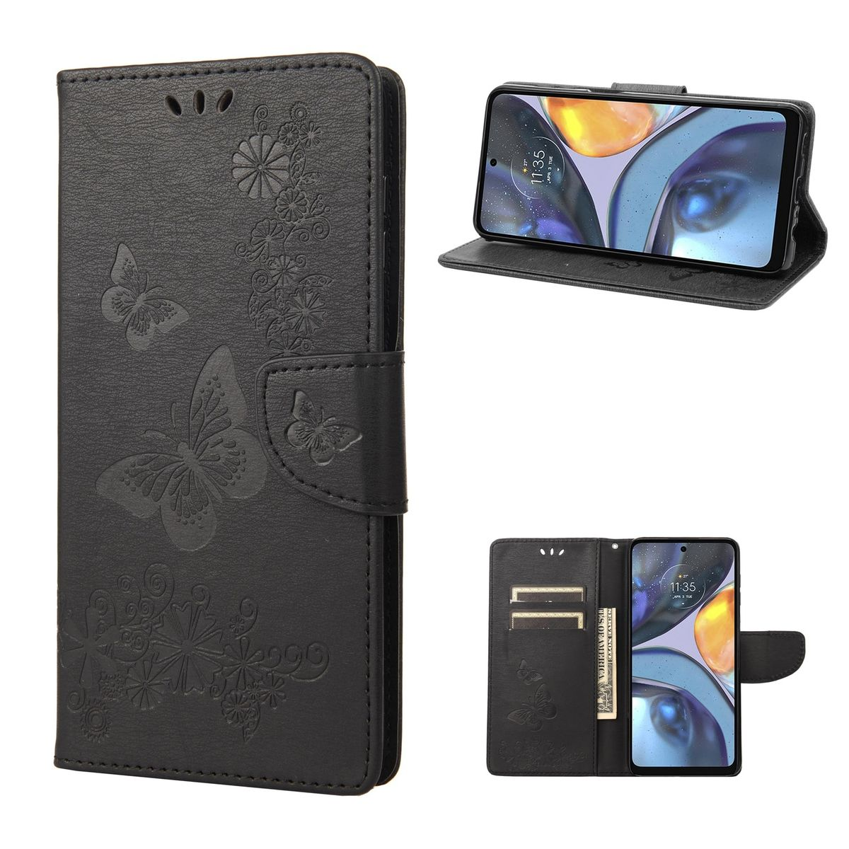 Schwarze Handyhülle mit Schmetterlingsdesign. Mehrere Ansichten, offen und geschlossen, zeigt Telefon und Kartenfächer.