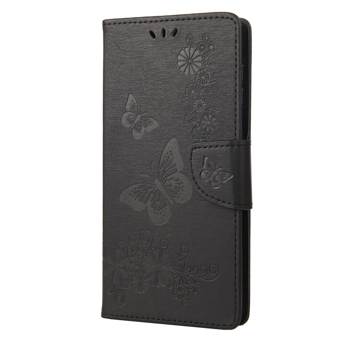 Schwarze Handyhülle mit Schmetterlingsdesign und Blumenmuster. Geschlossene Hülle.
