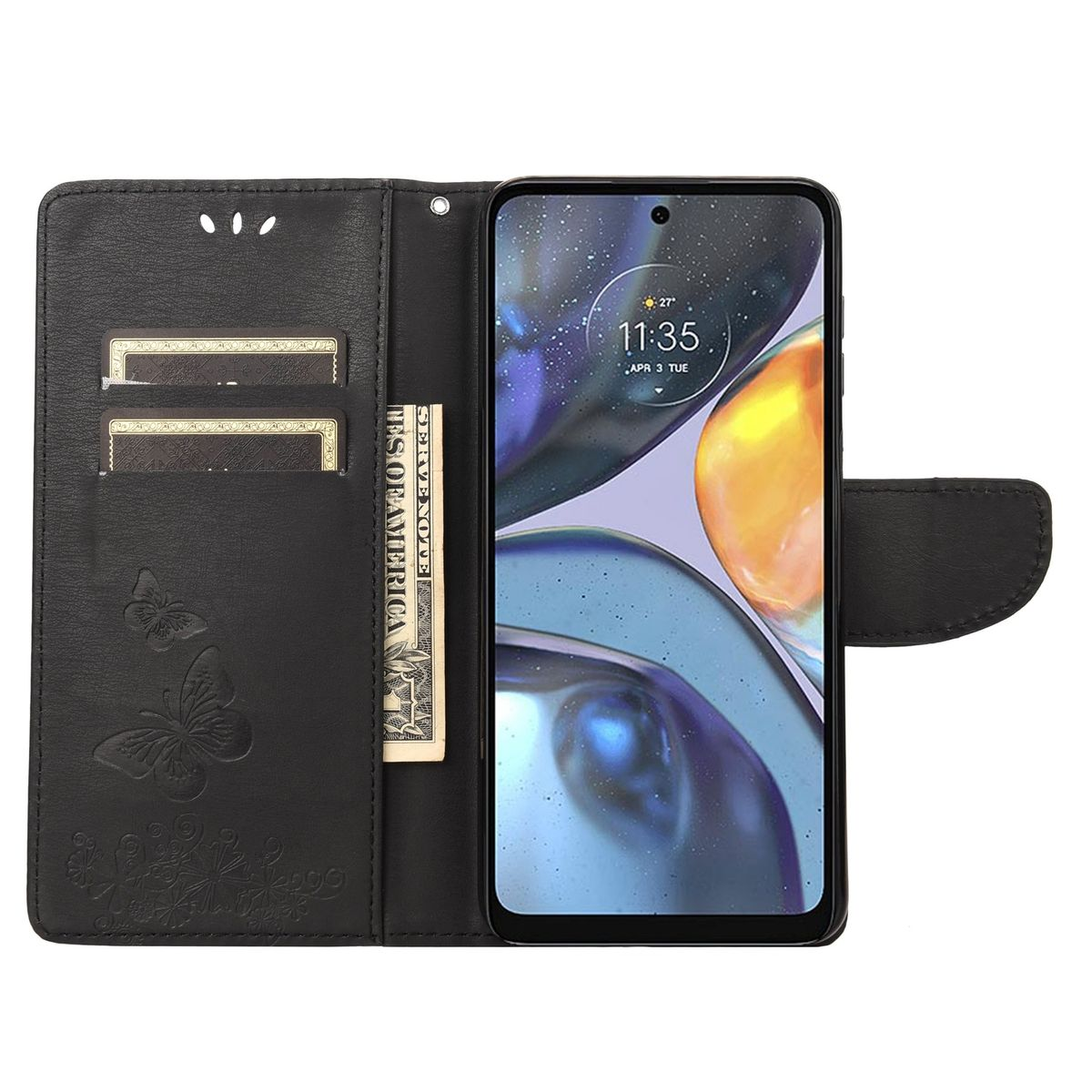 Schwarze Handyhülle, offen, mit Telefon. Geld und Karten sind sichtbar. Weißer Hintergrund.