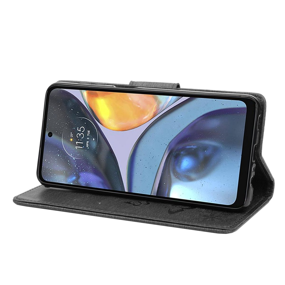 Schwarze Handyhülle mit einem Telefon, das die Uhrzeit und das Datum anzeigt. Die Hülle ist geöffnet.