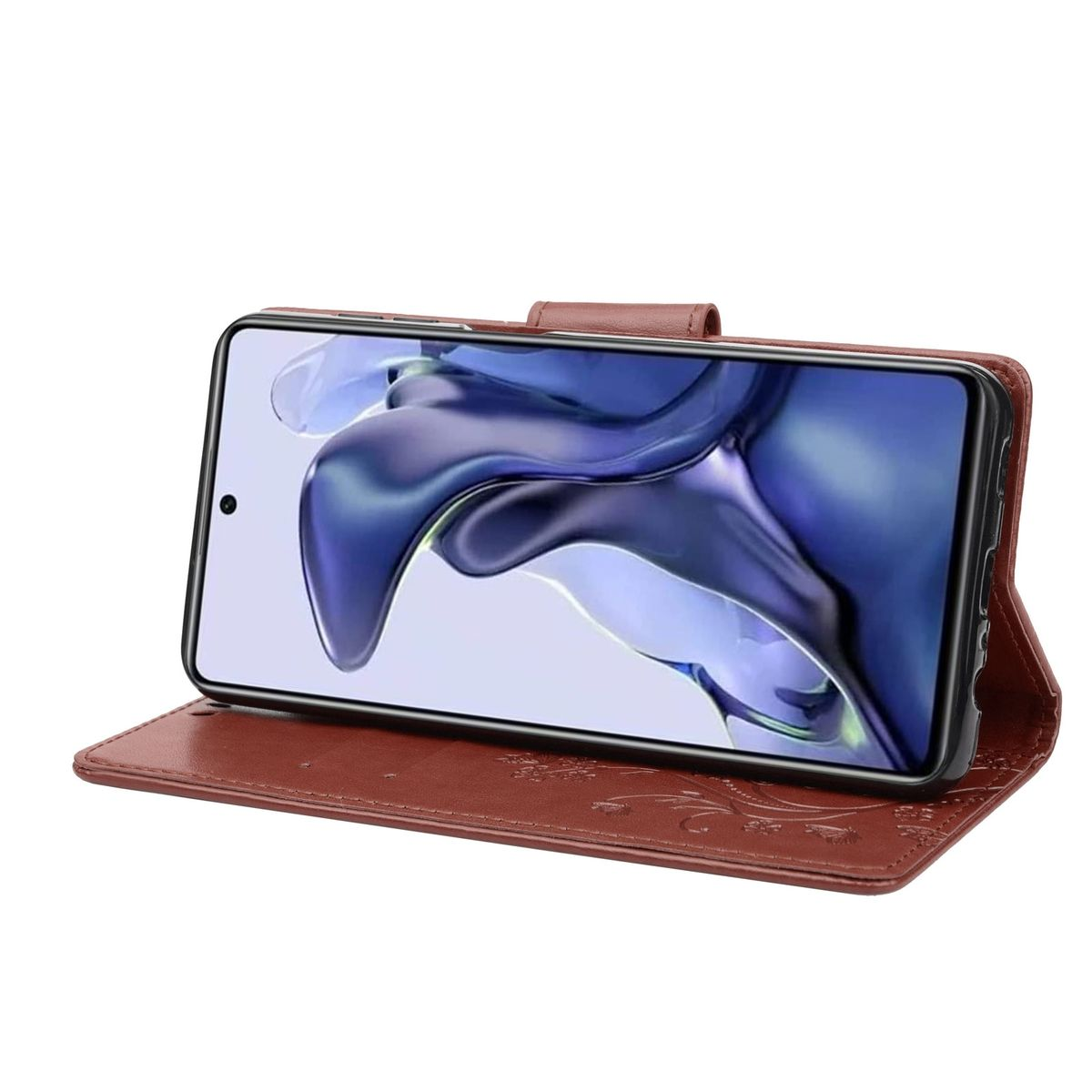 Braune Handyhülle offen, zeigt ein Handy. Blumendesign auf der Innenseite.