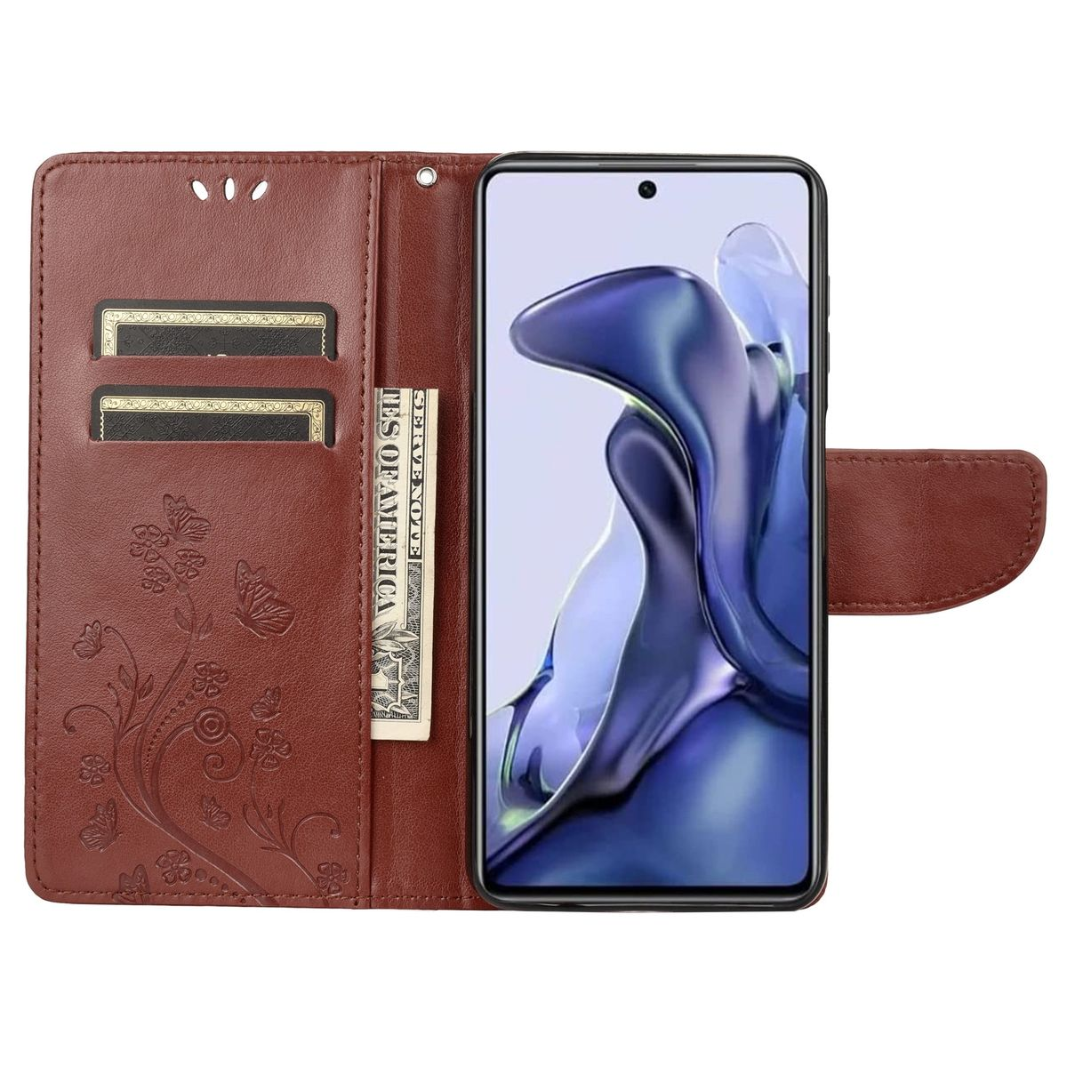 Braune Handyhülle, offen. Die Hülle hat Karten, Geld und ein Telefon. Die Hülle hat Schmetterlingsmuster.