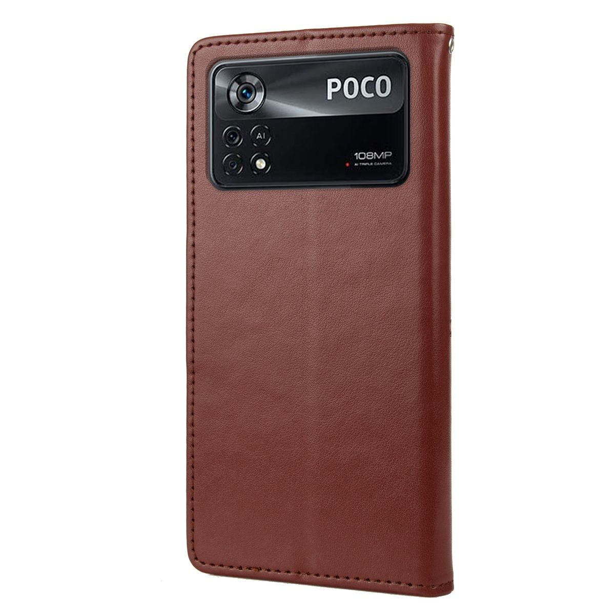 Eine braune Handyhülle mit einem Telefon. Der Markenname POCO ist sichtbar.