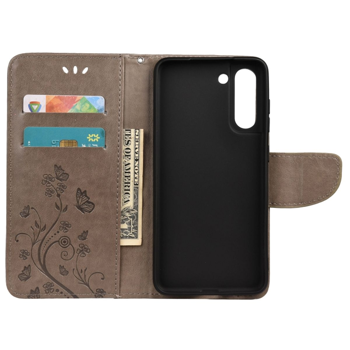 Braune florale Handyhülle offen, mit Telefon und Karten darin. Weißer Hintergrund.