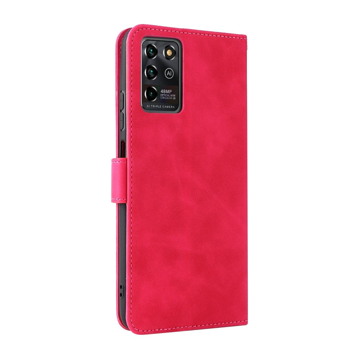 Rote Handyhülle mit Telefon. Enthält eine Kamera und einen Magnetverschluss.
