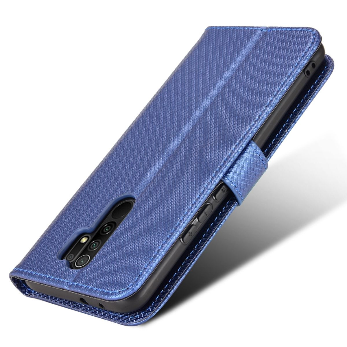 Blaue Handyhülle mit Telefon darin. Das Telefon liegt auf einer blauen Oberfläche mit schwarzem Rahmen.