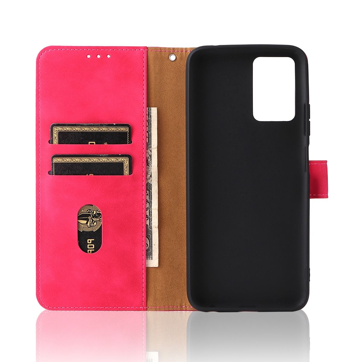 Eine rosa Handyhülle, offen, mit Kreditkartenfächern, einem Dollarschein und einem schwarzen Telefon.