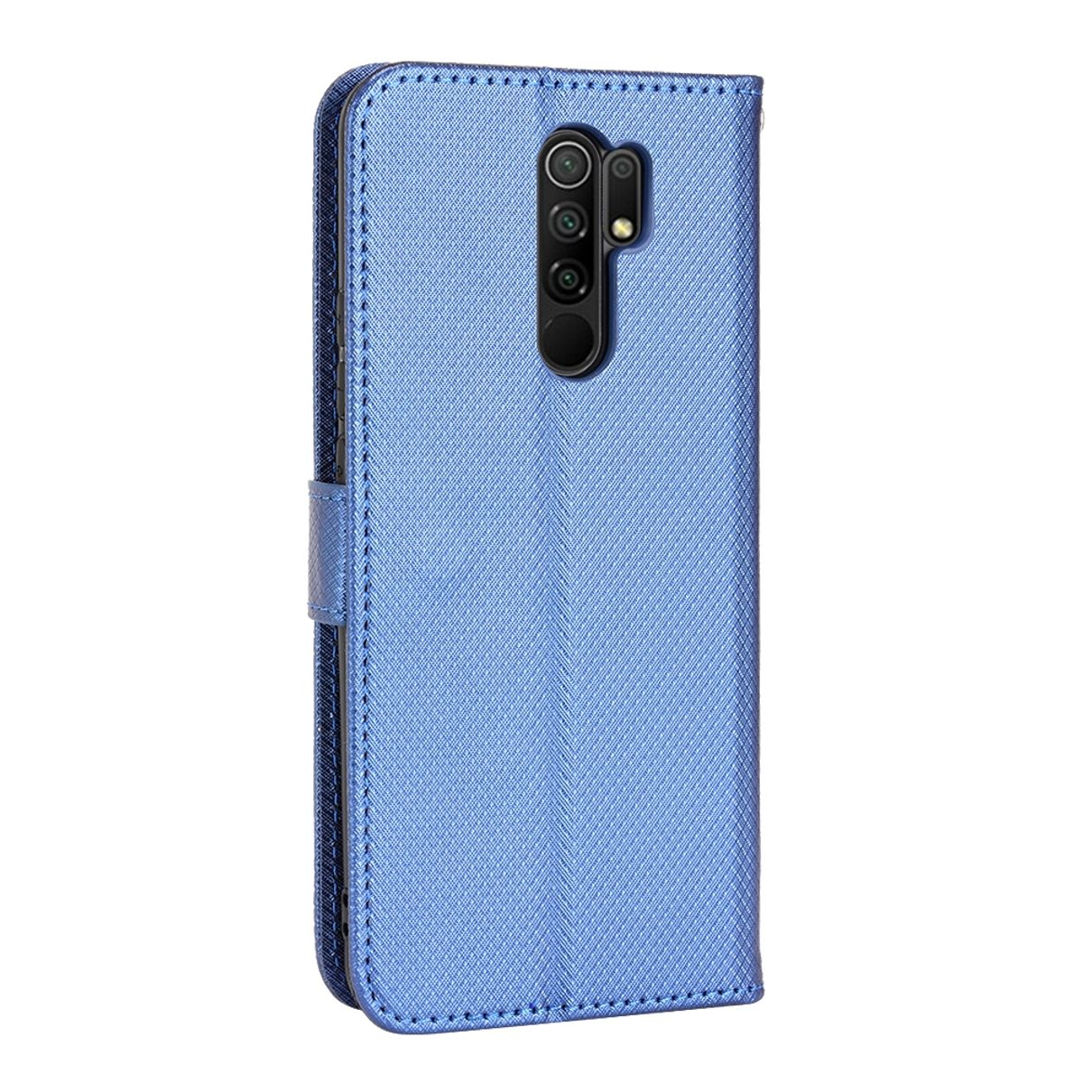 Blaue Handyhülle mit Telefon. Die Hülle hat ein strukturiertes Muster. Das Telefon hat drei Kameras.