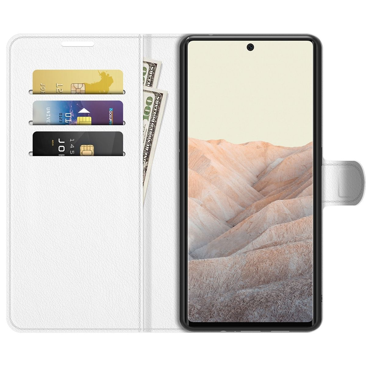 Weiße Handyhülle, geöffnet, mit Karten und Geld. Telefon ist drin. Weißer Hintergrund.