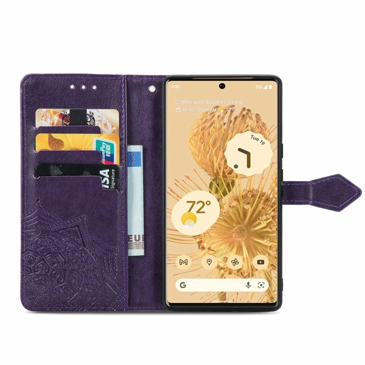 Lila Handyhülle mit Kartenfächern und Telefon mit Uhrzeit und Wetter. Mandala-Design sichtbar.